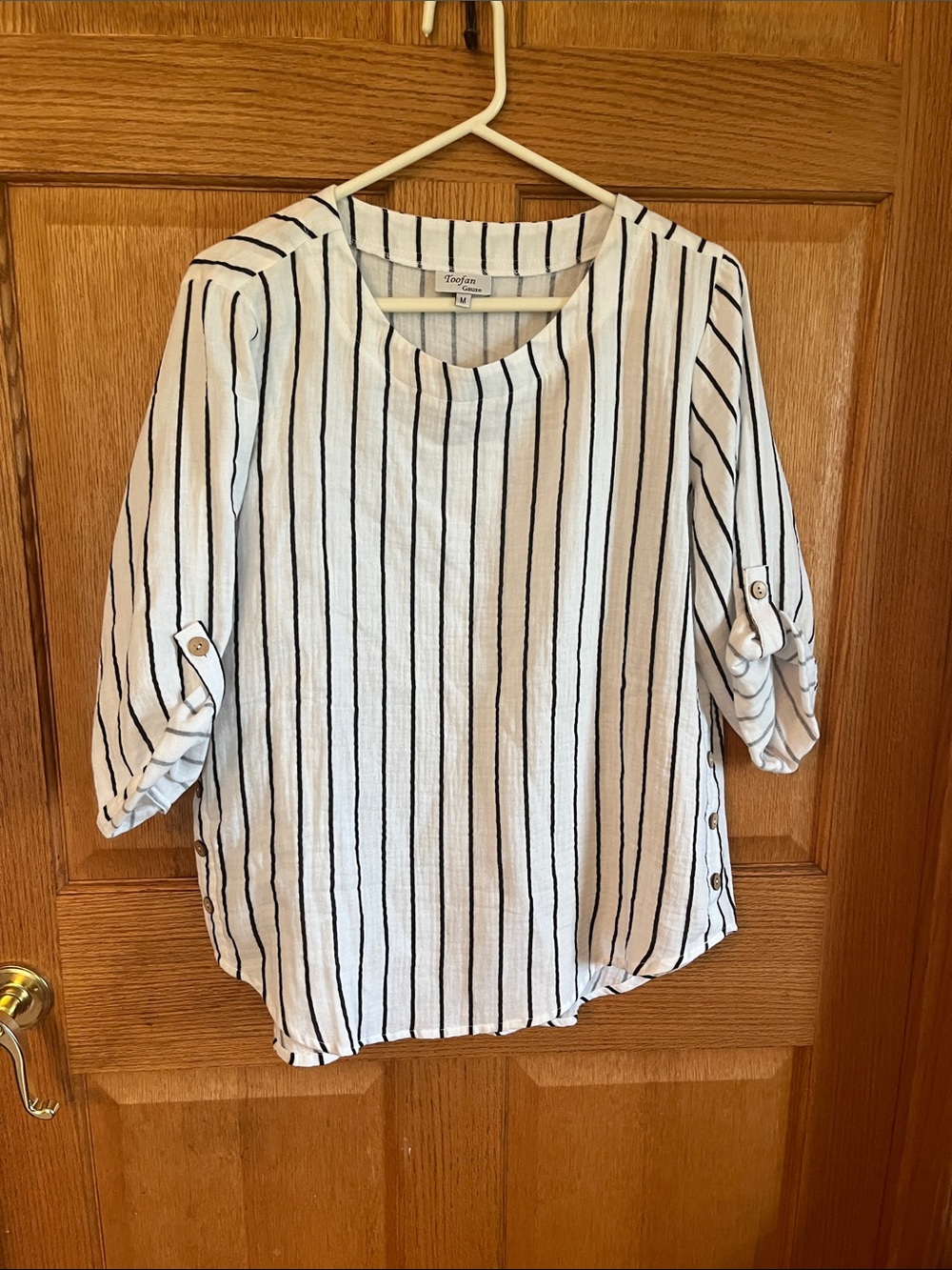 Toofan gauze cotton Striped Black & White Women's Button-Side Blouse